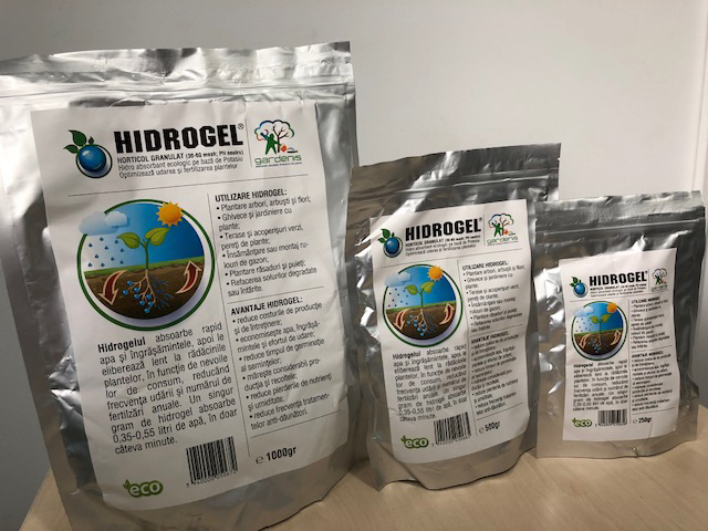 Hidrogel Gardenis pentru horticultura si agricultura, ambalat in pachete de 250 gr, 500 gr si 1 kg.